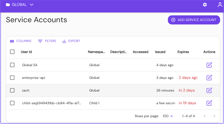 Adding a Service Account in the Global namespace in the Enterprise Console